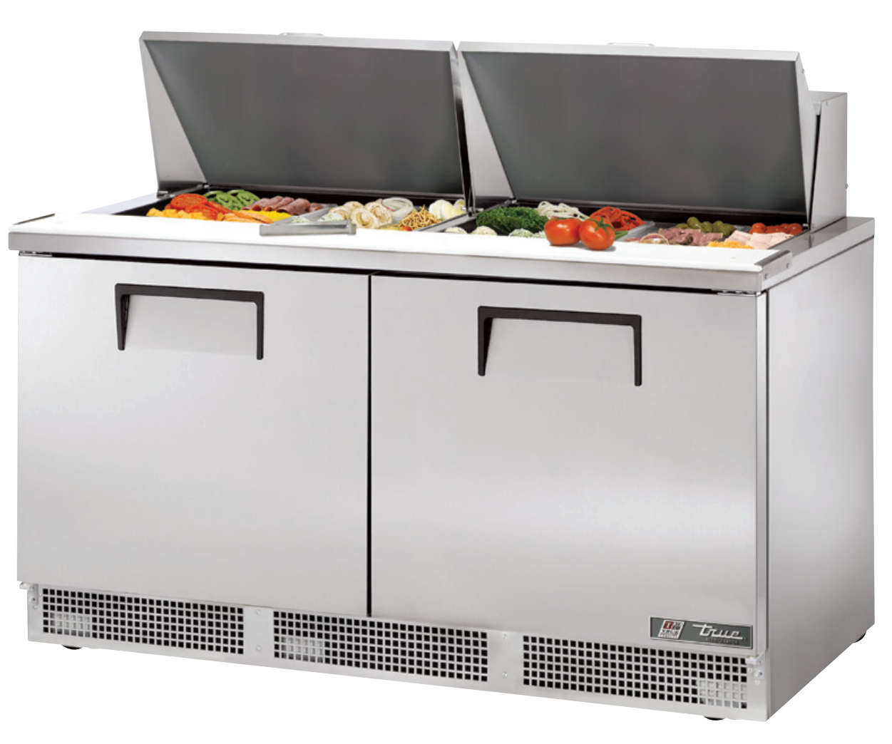True TFP-64-24M Sandwich Prep Table, 64 1/8" Wide, 2 Doors, 4 Shelves, 24 Pans (Tops)