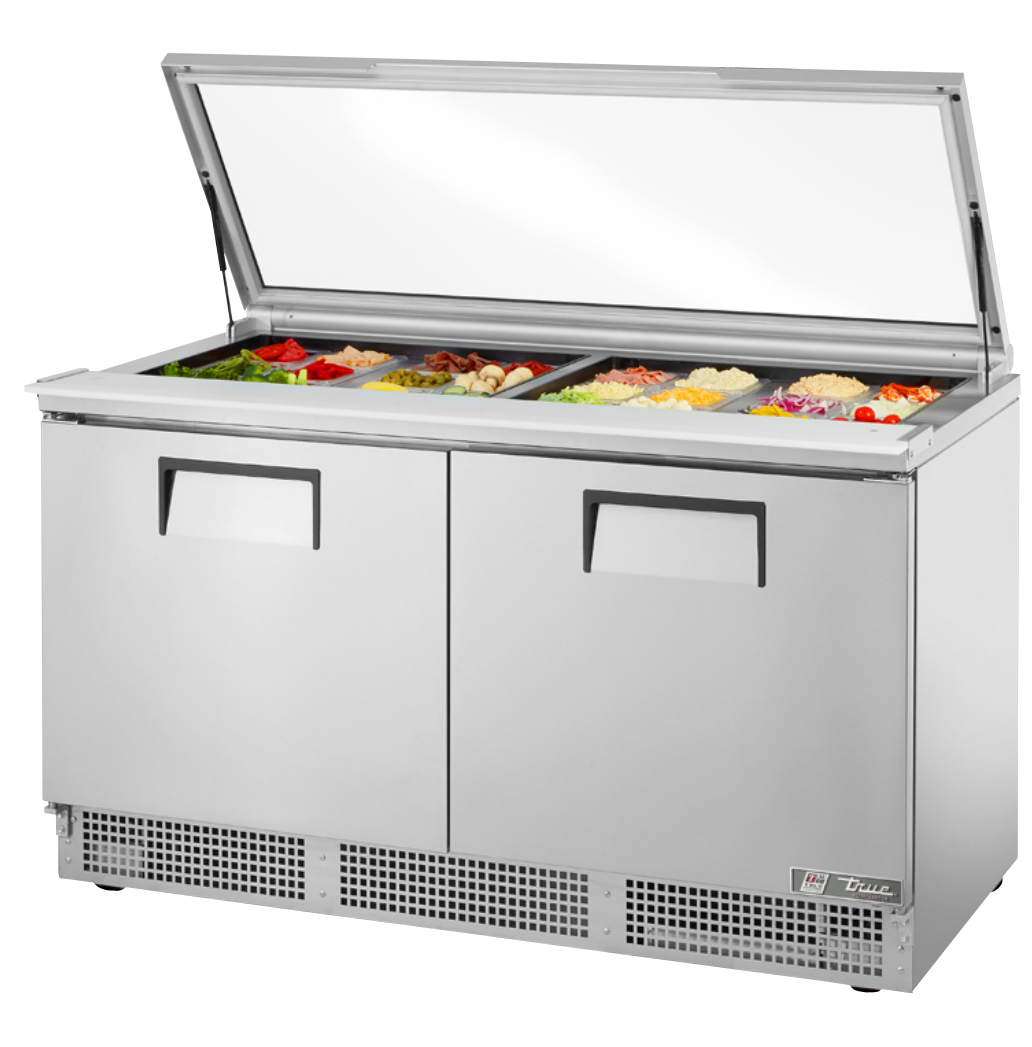 True TFP-64-24M-FGLID Sandwich Prep Table, 64 1/8" Wide, 2 Doors, 4 Shelves, 24 Pans (Tops)