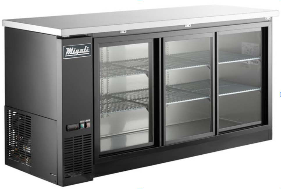 Migali C-BB72SG-HC 72" Sliding Glass Door Back Bar Refrigerator, 3 Door, All Steel, Side Mount Compressor