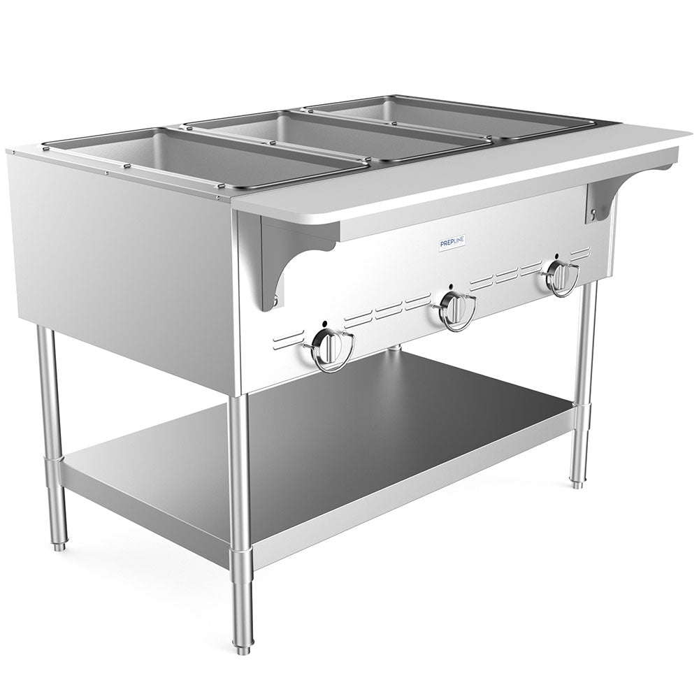 Prepline GST-3OW 44.4" Three Pan Gas Steam Table with Undershelf, Open Well