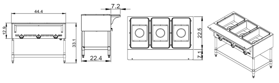 Prepline GST-3OW 44.4" Three Pan Gas Steam Table with Undershelf, Open Well