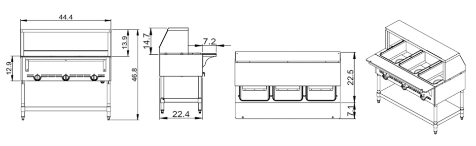 Prepline GST-3OW 44.4" Three Pan Gas Steam Table with Undershelf, Open Well