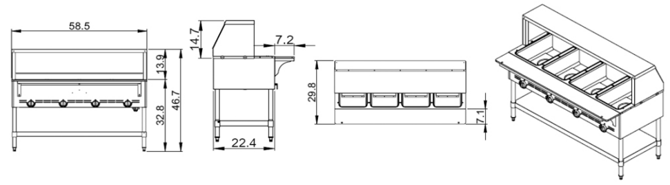 Prepline GST-4OW 58.5" Four Pan Gas Steam Table with Undershelf, Open Well