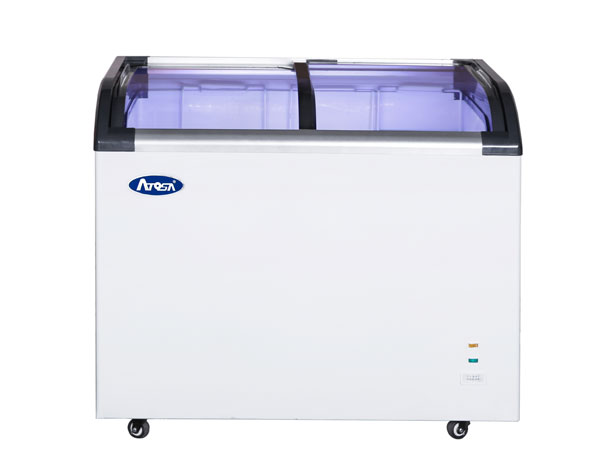 Atosa MMF9110 35" 2 Door Angle Curved Glass Top Chest Freezer, 9.6 Cu. Ft.