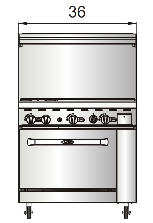 Atosa AGR-2B24GR 36" 2 Burners, 24'' Griddle on Right Side, 26'' Oven, 2 Oven Racks, Castors Included