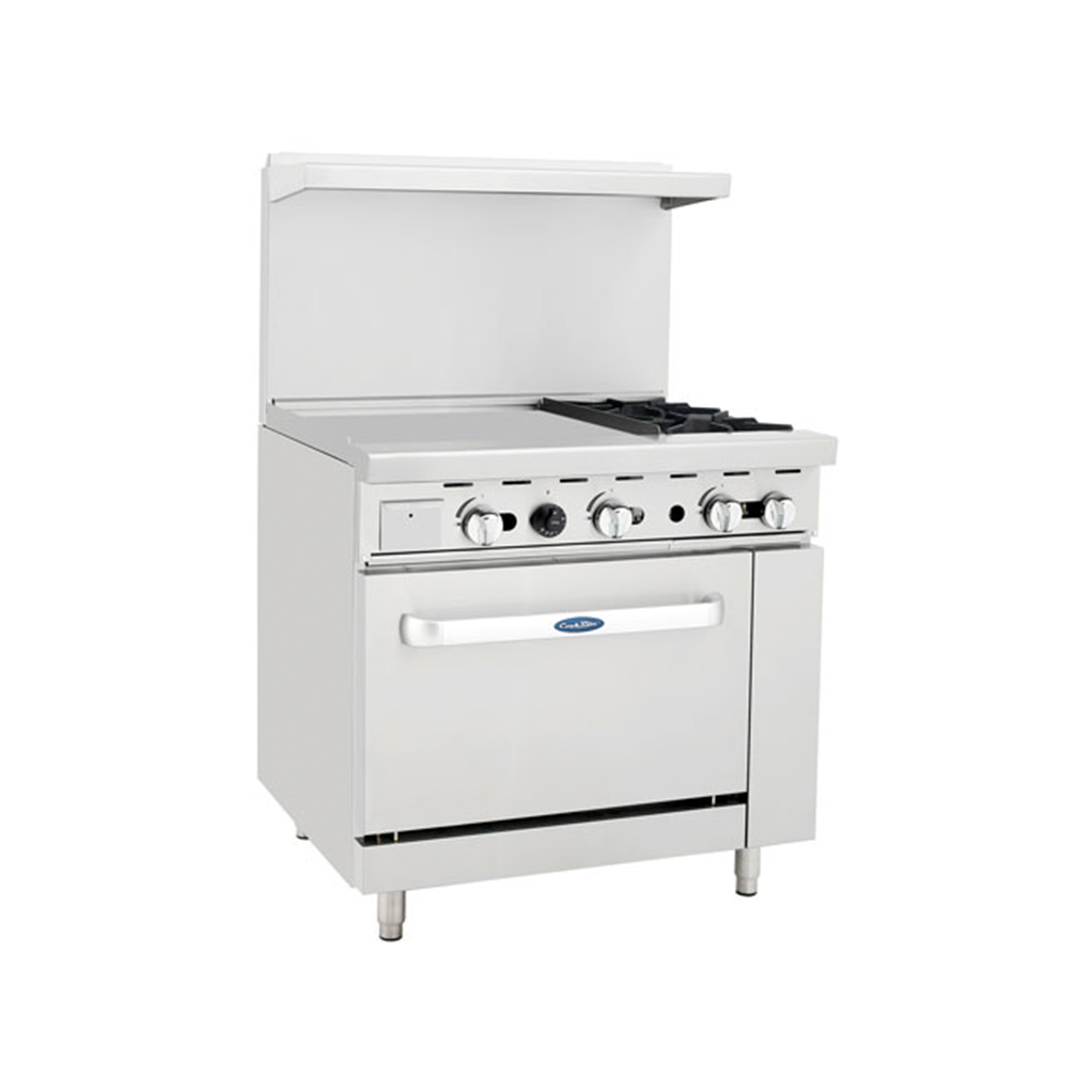 Atosa AGR-2B24GL 36" 2 Burner, 24'' Griddle on Left Side, 26'' Oven, 2 Oven Racks, Castors Included