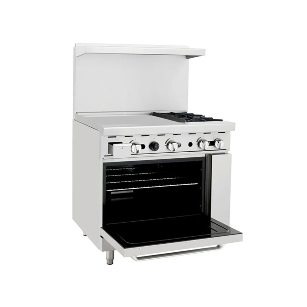 Atosa AGR-2B24GL 36" 2 Burner, 24'' Griddle on Left Side, 26'' Oven, 2 Oven Racks, Castors Included