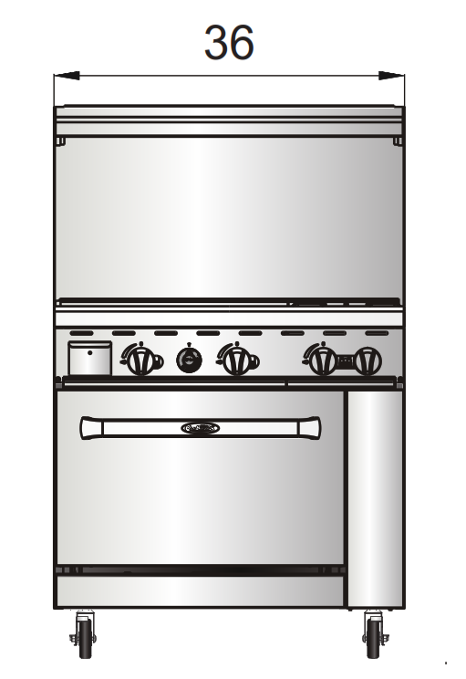 Atosa AGR-2B24GL 36" 2 Burner, 24'' Griddle on Left Side, 26'' Oven, 2 Oven Racks, Castors Included