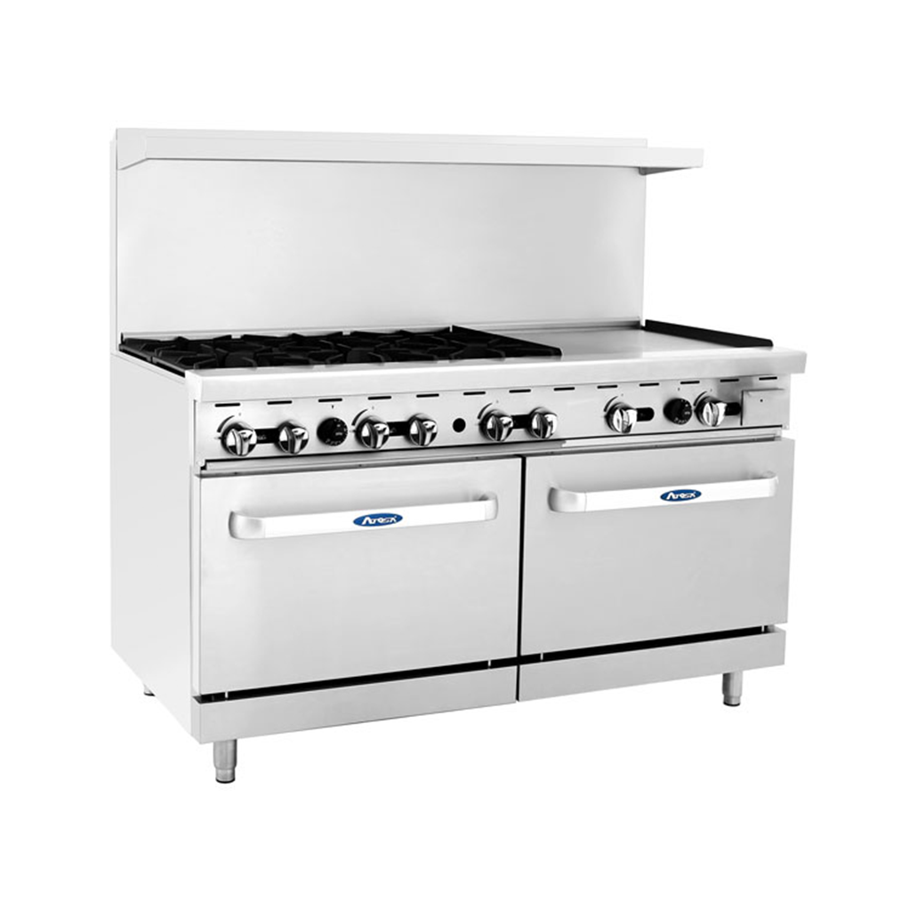 Atosa AGR-6B24GR 60" 6 Burner Gas Range with 24" Griddle on Right Side, 2 26" Ovens, 4 Oven Racks, Castors Included