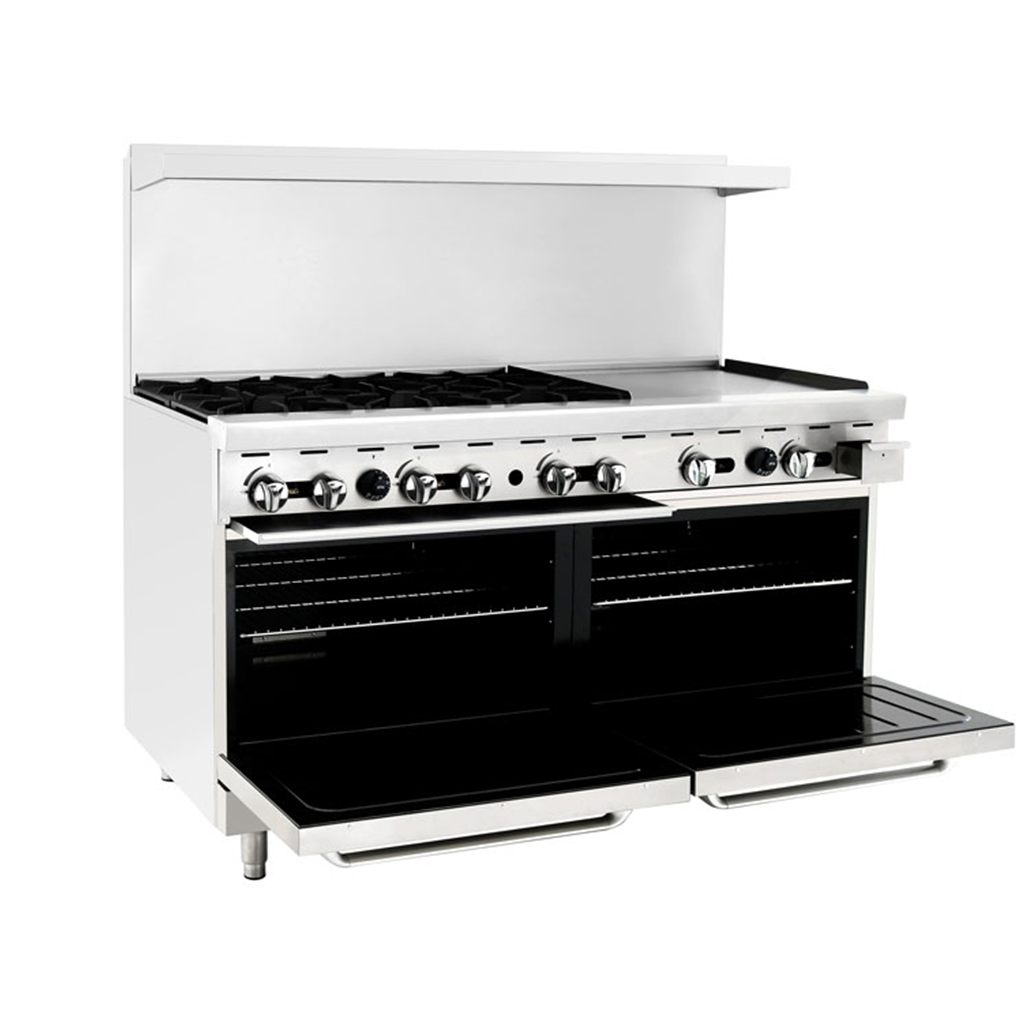 Atosa AGR-6B24GR 60" 6 Burner Gas Range with 24" Griddle on Right Side, 2 26" Ovens, 4 Oven Racks, Castors Included