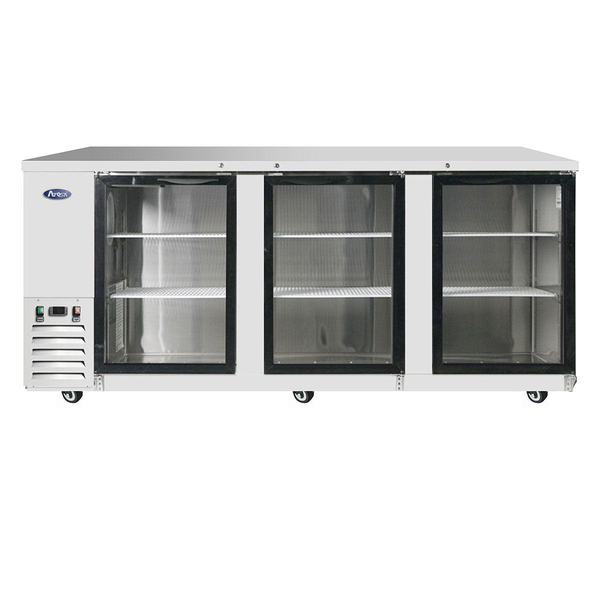 Atosa MBB90GGR 89.3" 3 Door Back Bar Cooler With Glass Doors, 30.1 Cu. Ft., Stainless Steel