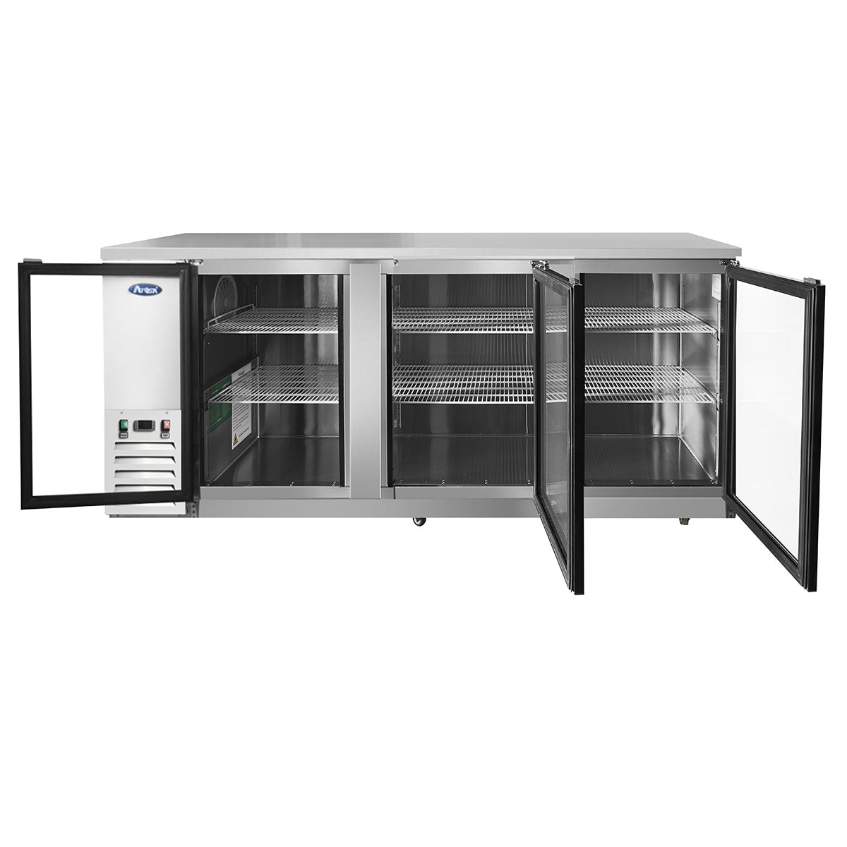 Atosa MBB90GGR 89.3" 3 Door Back Bar Cooler With Glass Doors, 30.1 Cu. Ft., Stainless Steel