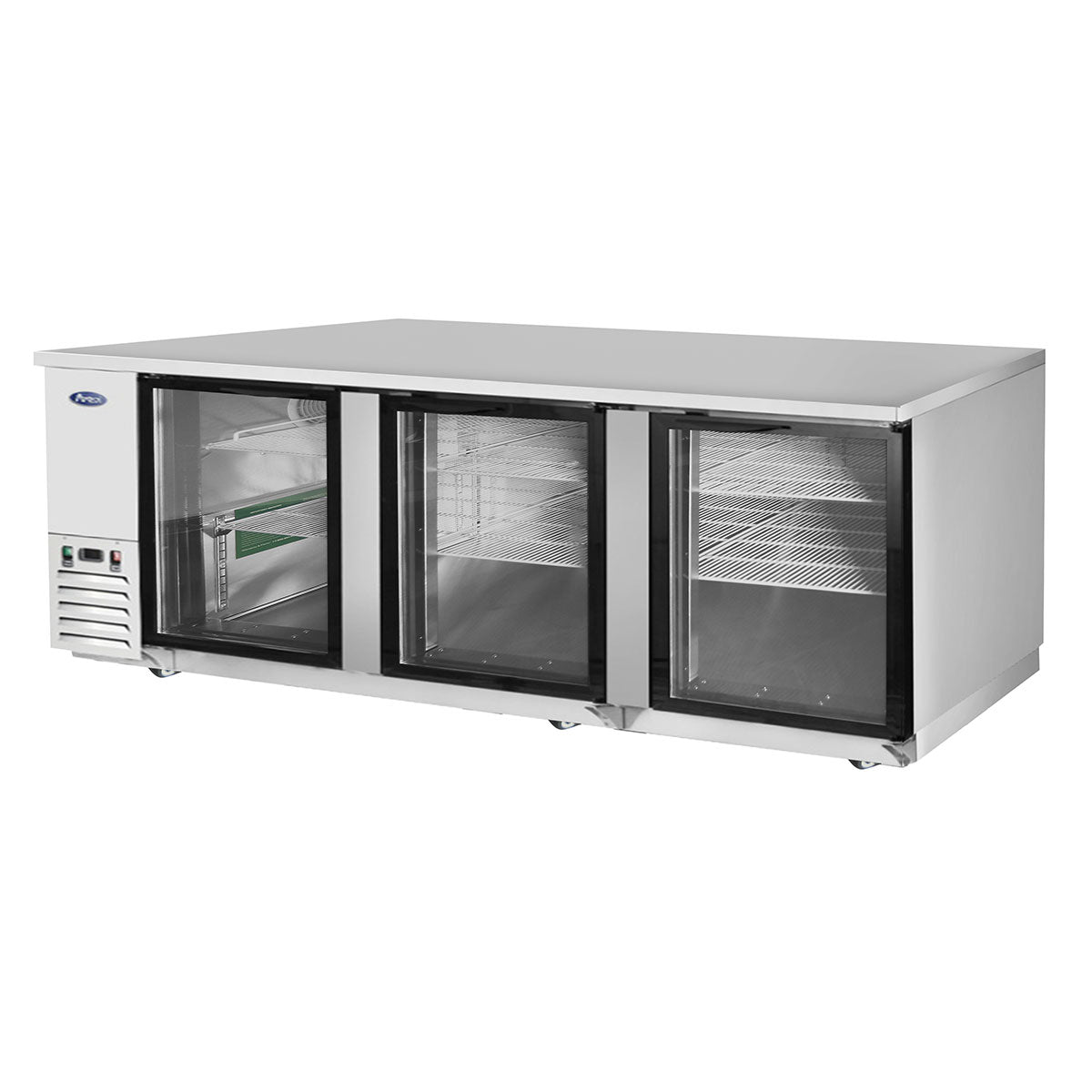 Atosa MBB90GGR 89.3" 3 Door Back Bar Cooler With Glass Doors, 30.1 Cu. Ft., Stainless Steel