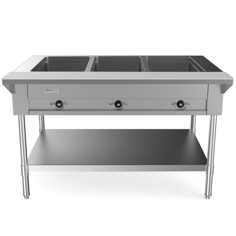 Prepline EST48-3O 48" Three Pan Open Well Gas Hot Food Steam Table with Undershelf