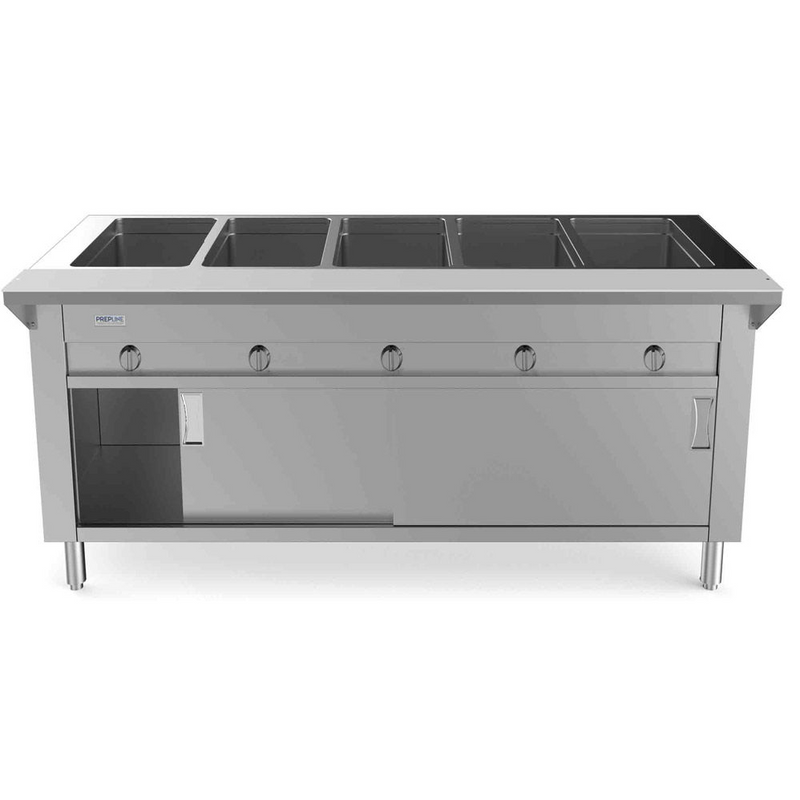 Prepline GSTC74-5O 74" Five Pan Open Well Gas Hot Food Steam Table with Enclosed Base and Sliding Doors