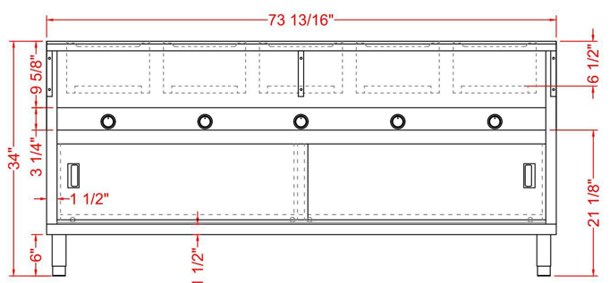 Prepline GSTC74-5O 74" Five Pan Open Well Gas Hot Food Steam Table with Enclosed Base and Sliding Doors