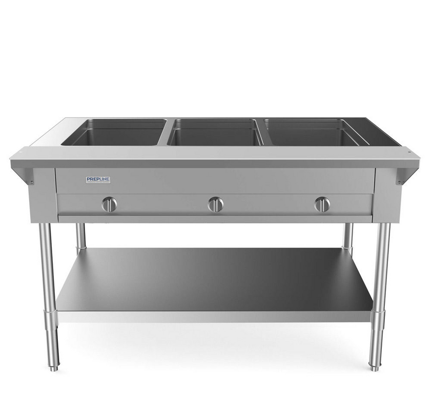 Prepline GST48-3O 48" Three Pan Open Well Gas Hot Food Steam Table with Undershelf