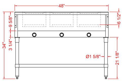 Prepline GST48-3O 48" Three Pan Open Well Gas Hot Food Steam Table with Undershelf