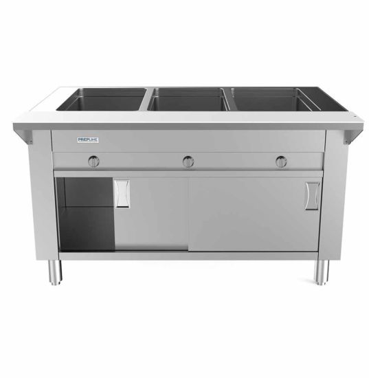 Prepline GSTC48-3O 48" Three Pan Sealed Well Gas Hot Food Steam Table with Enclosed Base and Sliding Doors
