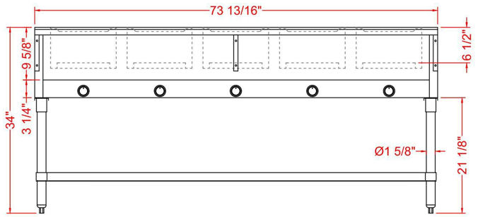 Prepline GST74-5O 74" Five Pan Open Well Gas Hot Food Steam Table with Undershelf