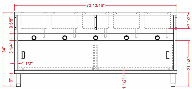 Prepline GSTC74-5S 74" Five Pan Open Well Gas Hot Food Steam Table with Enclosed Base and Sliding Doors