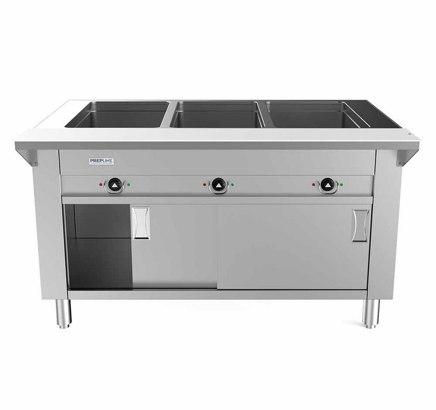 Prepline ESTC48-3S 48" Three Pan Sealed Well Electric Hot Food Steam Table with Enclosed Base and Sliding Doors, 120V, 1500W