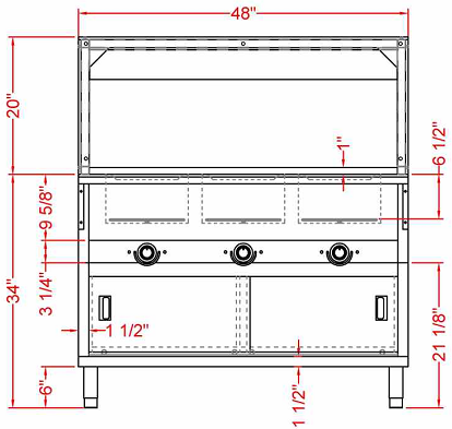 Prepline ESTC48-3O 48" Three Pan Open Well Electric Hot Food Steam Table with Enclosed Base and Sliding Doors, 120V, 1500W