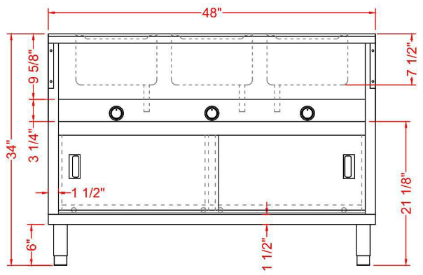 Prepline GSTC48-3S 48" Three Well Gas Hot Food Steam Table with Enclosed Base and Sliding Doors