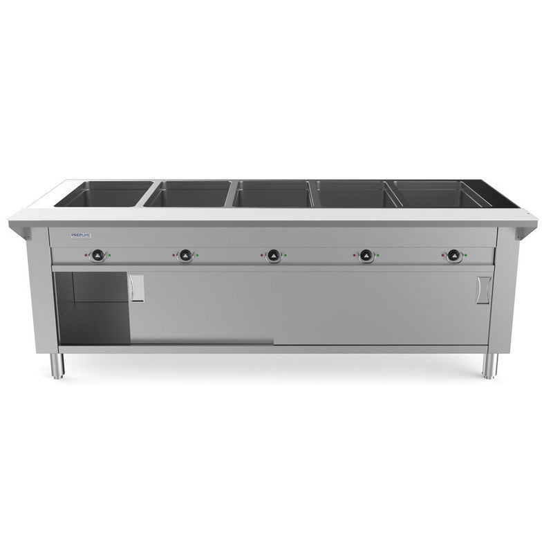 Prepline ESTC74-5O 74" Five Pan Open Well Electric Hot Food Steam Table with Enclosed Base and Sliding Doors, 208/240V, 3700W