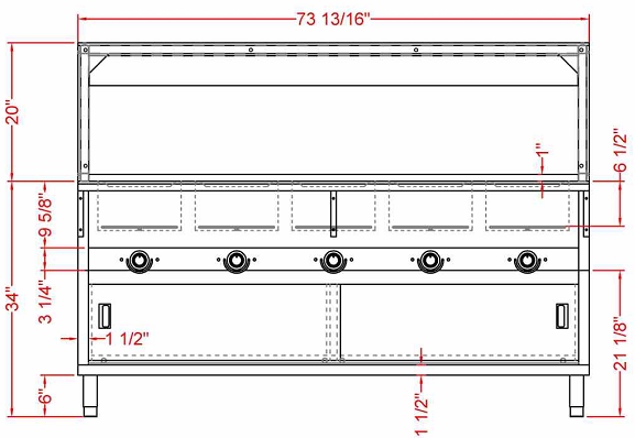 Prepline ESTC74-5O 74" Five Pan Open Well Electric Hot Food Steam Table with Enclosed Base and Sliding Doors, 208/240V, 3700W