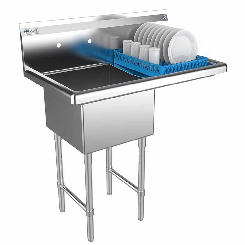 Prepline XS1C-1818-LR 38" Stainless Steel One Compartment Commercial Sink with Right Drainboard, 18" x 18" Bowl