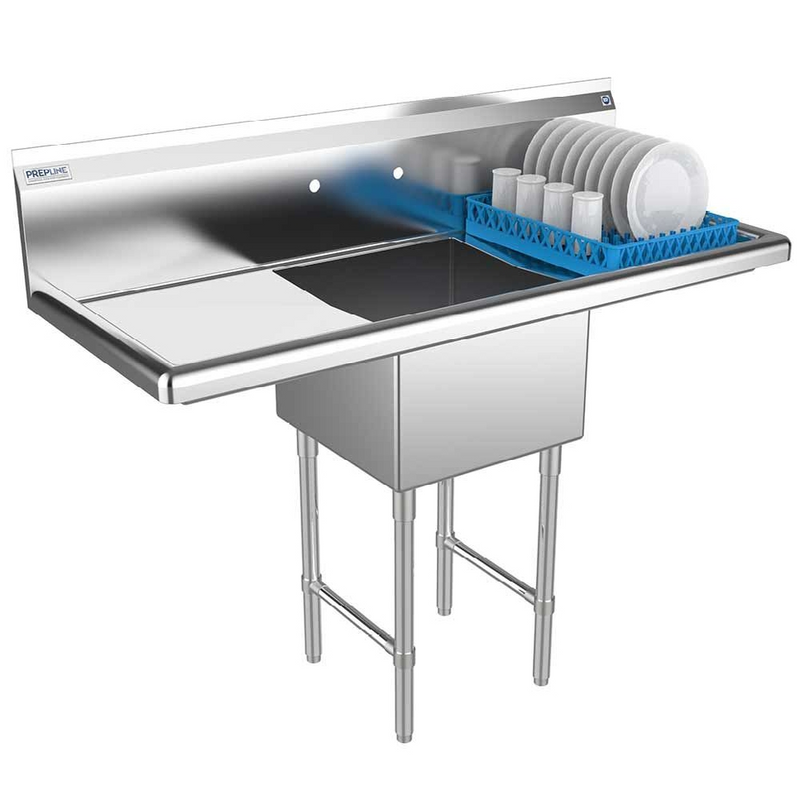 Prepline XS1C-1818-R 54" Stainless Steel One Compartment Commercial Sink with Left and Right Drainboard, 18" x 18" Bowl