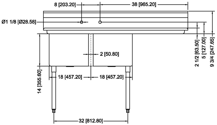 Prepline XS2C-1818-R 62" Stainless Steel Two Compartment Commercial Sink with Right Drainboard, 18" x 18" Bowls