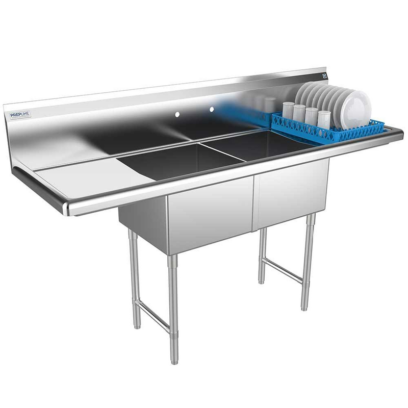 Prepline XS2C-1818-LR 72" Stainless Steel Two Compartment Commercial Sink with Left and Right Drainboard, 18" x 18" Bowls