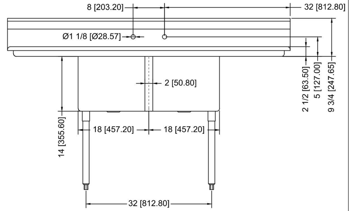 Prepline XS2C-1818-LR 72" Stainless Steel Two Compartment Commercial Sink with Left and Right Drainboard, 18" x 18" Bowls