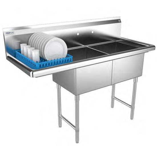 Prepline XS2C-1818-L 56" Stainless Steel Two Compartment Commercial Sink with Left Drainboard, 18" x 18" Bowls