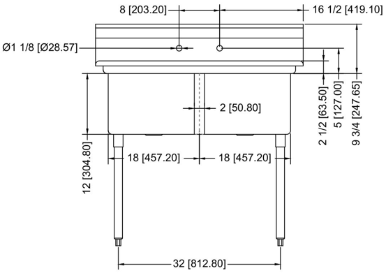 Prepline XS2C-1818 42" Stainless Steel Two Compartment Commercial Sink, 18" x 18" Bowls