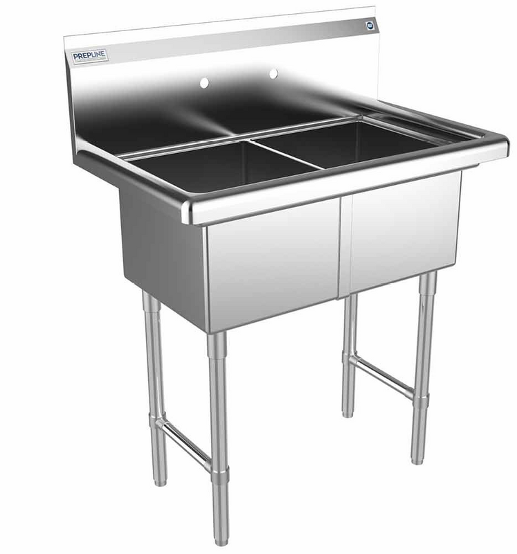 Prepline XS2C-1416 33" Stainless Steel Two Compartment Commercial Sink, 14" x 16" Bowls