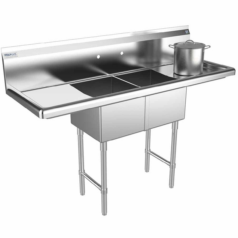 Prepline XS2C-1416-LR 52" Stainless Steel Two Compartment Commercial Sink with Left and Right Drainboard, 14" x 16" Bowls