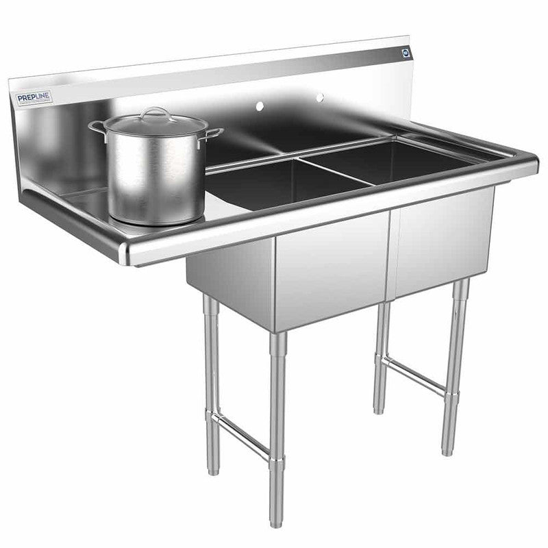 Prepline XS2C-1416-L 42" Stainless Steel Two Compartment Commercial Sink with Left Drainboard, 14" x 16" Bowls