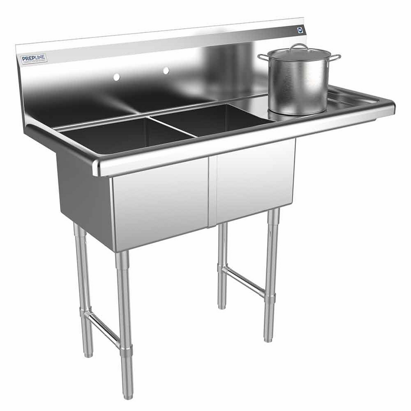 Prepline XS2C-1416-R 42" Stainless Steel Two Compartment Commercial Sink with Right Drainboard, 14" x 16" Bowls