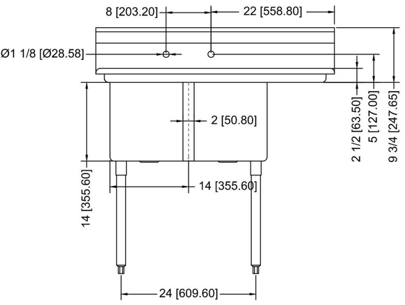 Prepline XS2C-1416-R 42" Stainless Steel Two Compartment Commercial Sink with Right Drainboard, 14" x 16" Bowls