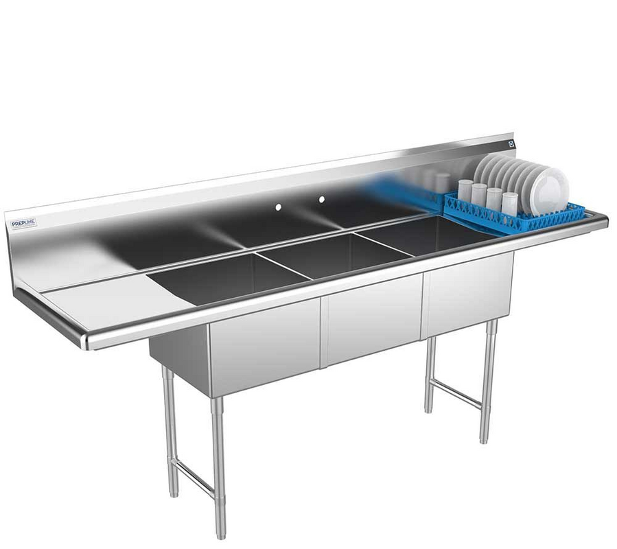 Prepline XS3C-1818-LR 90" Stainless Steel Three Compartment Commercial Sink with Left and Right Drainboard, 18" x 18" Bowls