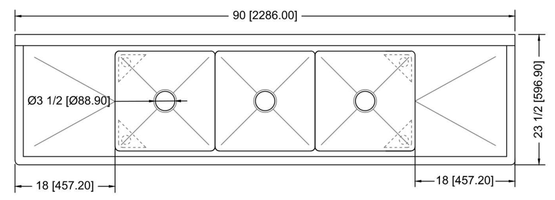 Prepline XS3C-1818-LR 90" Stainless Steel Three Compartment Commercial Sink with Left and Right Drainboard, 18" x 18" Bowls