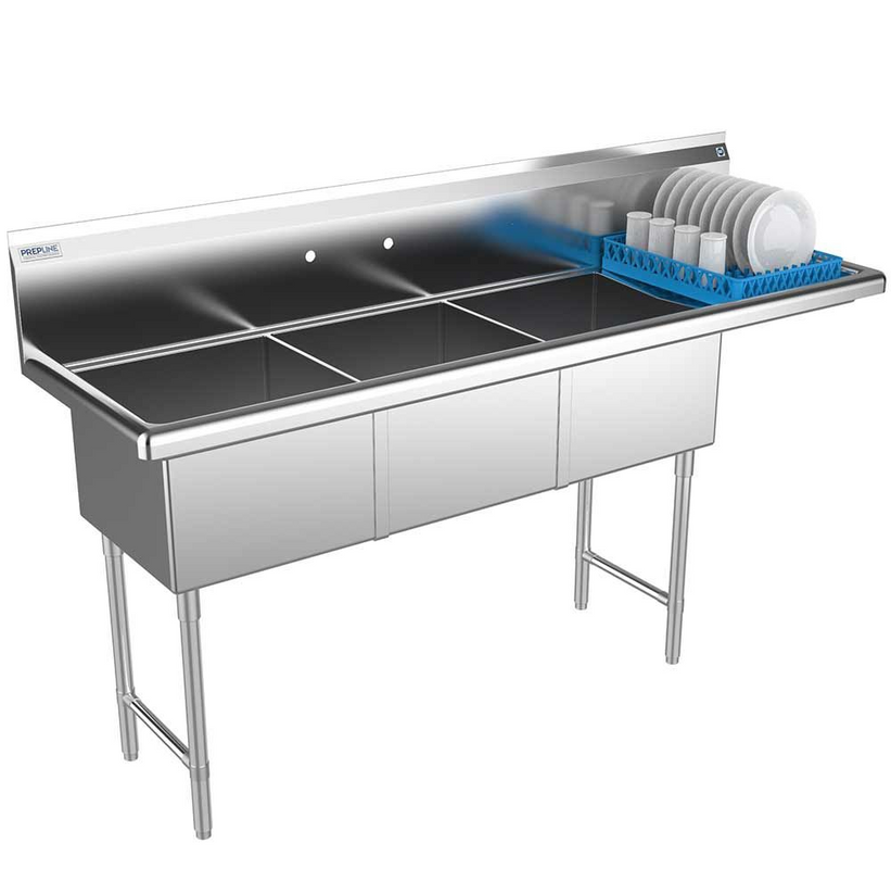 Prepline XS3C-1818-R 74" Stainless Steel Three Compartment Commercial Sink with Right Drainboard, 18" x 18" Bowls