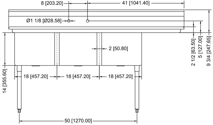 Prepline XS3C-1818-R 74" Stainless Steel Three Compartment Commercial Sink with Right Drainboard, 18" x 18" Bowls