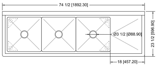 Prepline XS3C-1818-R 74" Stainless Steel Three Compartment Commercial Sink with Right Drainboard, 18" x 18" Bowls