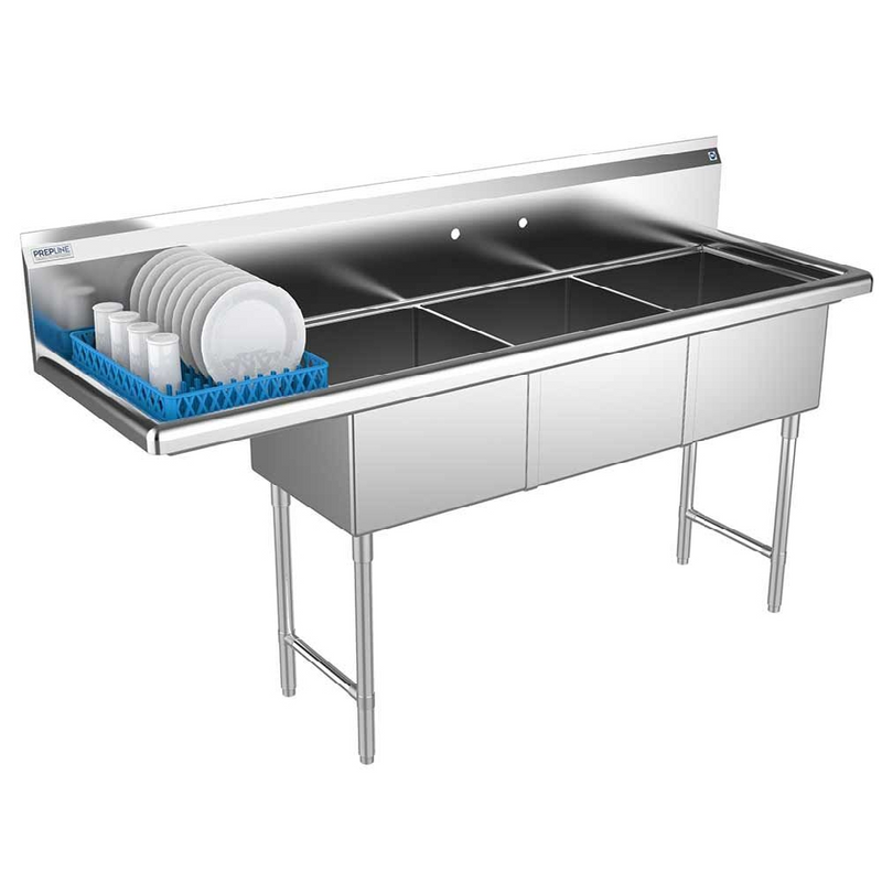 Prepline XS3C-1818-L 74" Stainless Steel 3 Compartment Commercial Sink with Left Drainboard, 18" x 18" Bowls