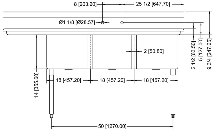 Prepline XS3C-1818-L 74" Stainless Steel 3 Compartment Commercial Sink with Left Drainboard, 18" x 18" Bowls