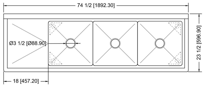 Prepline XS3C-1818-L 74" Stainless Steel 3 Compartment Commercial Sink with Left Drainboard, 18" x 18" Bowls